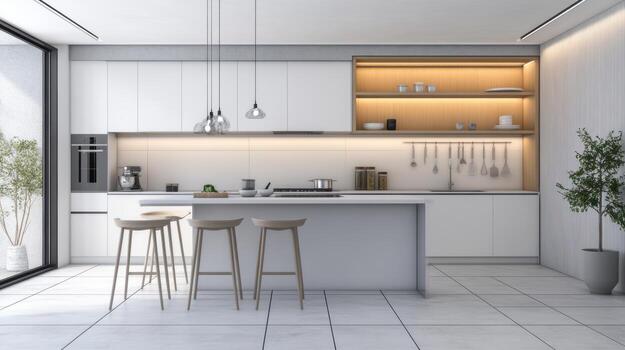 Modern kitchen interior with sleek design and natural lighting. photo