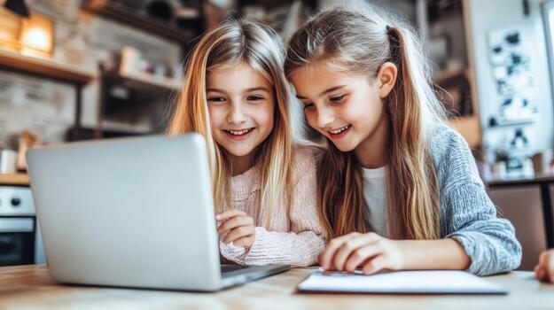 Two girls sharing joy while using a laptop in a cozy kitchen setting. photo