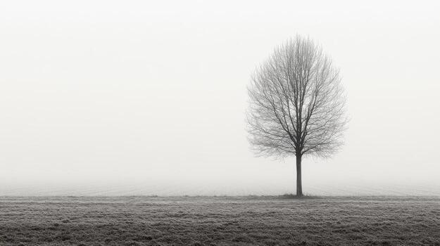 Solitary tree in foggy field, white isolate background photo