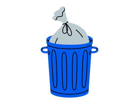 Hand drawn cute illustration of big garbage can with open lid and bag inside. Flat trash bin and plastic package, environmental pollution doodle. Ecology sticker, icon. Waste sorting. Isolated. vector