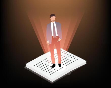 Businessman in a suit standing on the book with the light as a symbol of finding a successful solution or have a successful life vector