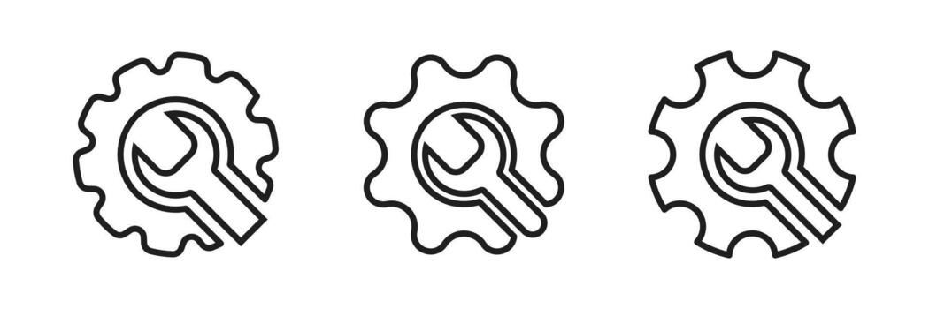 Wrench with gear line icon set. Service tool symbol. Setting sign illustration. Editable line width vector