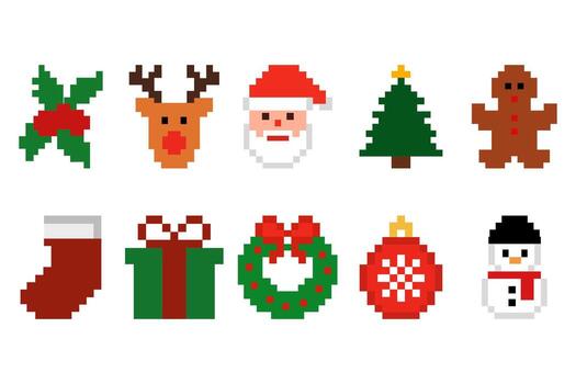 A collection of pixelated Christmas elements against an undefined background vector