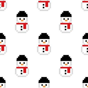 Pixel art style snowman in red scarf, pixelated background, Seamless pattern vector