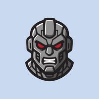 Futuristic robot head mascot with red glowing eyes and metallic armor, perfect for gaming logo, esports emblem, or tech-themed design. vector
