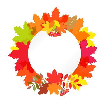 Autumnal wreath with colorful leaves. Decorative round frame. Isolated elements. Graphic decoration with empty sheet of paper. vector