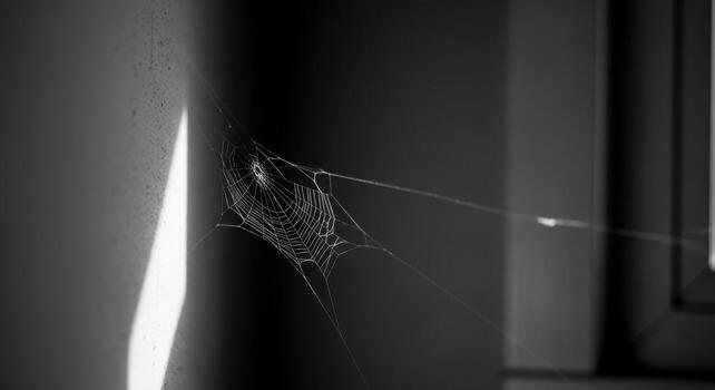 Delicate spiderweb in a dimly lit corner with a beam of sunlight in black and white photo