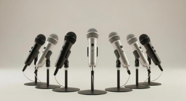 Seven professional black and silver microphones arranged in a semi circle on individual stands photo