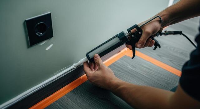 profesional trabajador aplicando blanco calafatear talón con calafatear pistola a sello zócalo y pared brecha foto