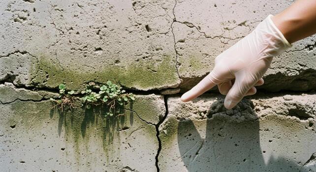 mano en blanco guante señalando a un grande grieta en un hormigón pared con verde vegetación foto