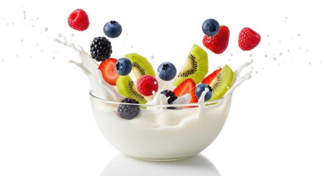 Vibrant mixed berries and sliced kiwi splashing dynamically into creamy yogurt bowl photo