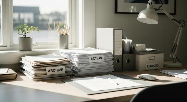 Organized home office desk with document stacks labeled action and archive by window photo