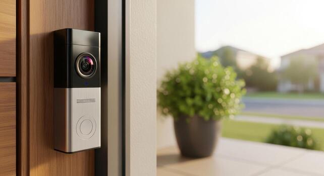 moderno inteligente timbre de la puerta cámara con alto resolución lente para hogar seguridad en un contemporáneo Entrada foto