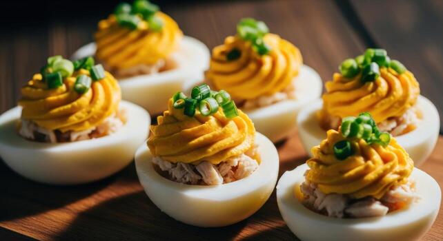 Platter of exquisitely prepared deviled eggs garnished with fresh green onions photo