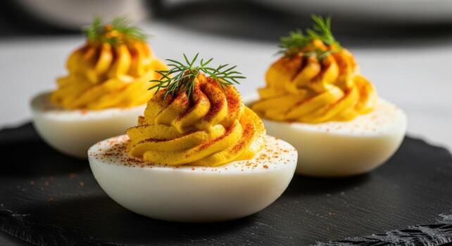 Three gourmet deviled eggs artfully arranged on a dark slate serving tray photo