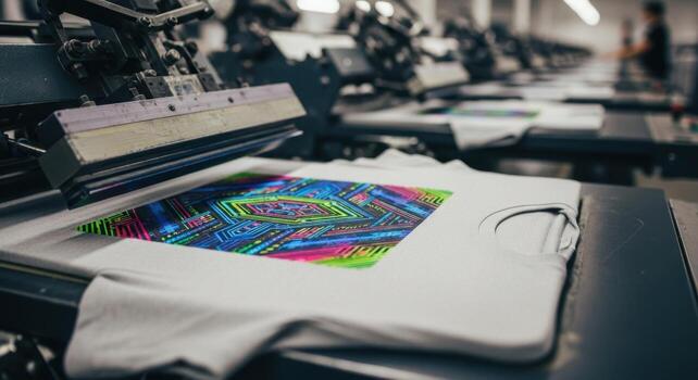 Vibrant abstract geometric design screen printed onto a light gray t shirt in a factory photo