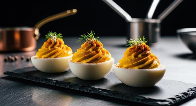 Gourmet deviled eggs appetizer artfully arranged on dark slate tray photo