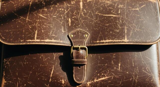 Close up of a vintage dark brown leather briefcase with scuffed and distressed texture photo