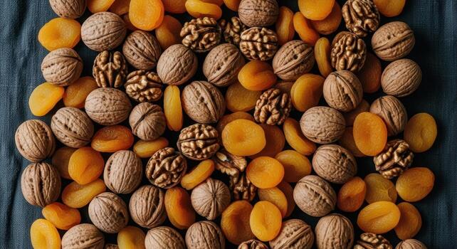 Bountiful assortment of golden dried apricots and rustic shelled walnuts on dark surface photo