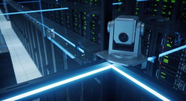 Metallic PTZ security camera monitoring a high tech data center with glowing network lines photo