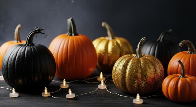 Halloween still life with assorted pumpkins in orange, black, and gold glitter with string lights photo
