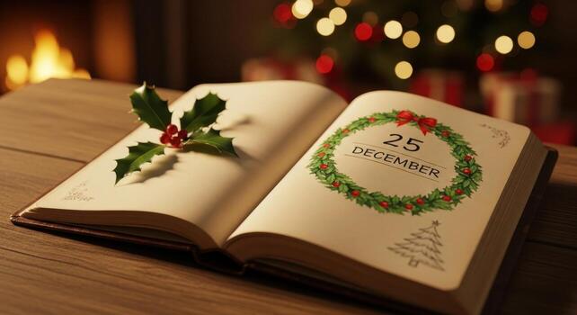 Christmas diary open to 25 december with holly on a rustic wooden table photo