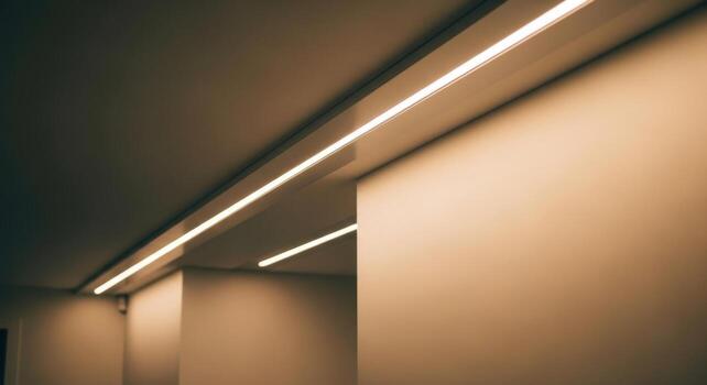 Sleek linear LED light strip integrated into modern ceiling design, illuminating a wall photo