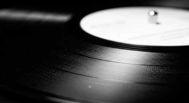 Close up view of black vinyl record grooves with white label in background photo
