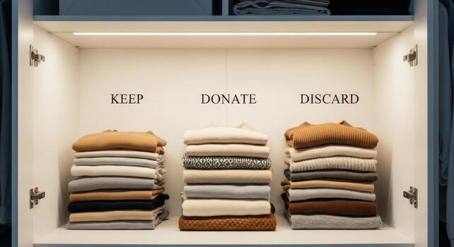Organized closet shelf with folded clothes sorted into keep, donate, discard piles photo