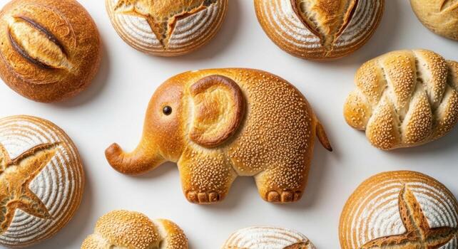Artistic arrangement of artisanal sourdough breads with a playful elephant loaf photo