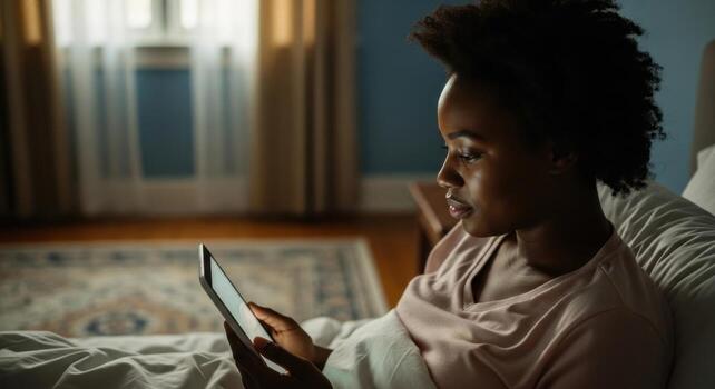 Black woman relaxing in bed, illuminated by tablet screen, reading digital content photo