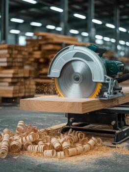 Powerful industrial circular saw cutting a thick wooden plank in a timber workshop photo