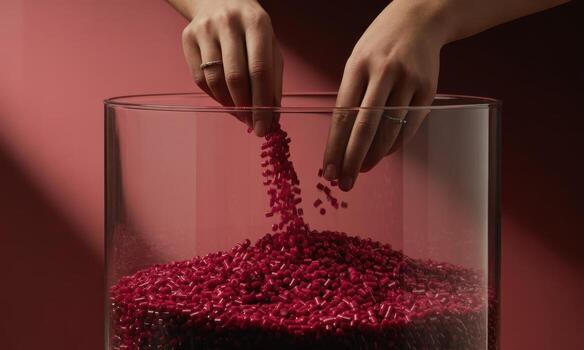 Dynamic shot of hands pouring cascading ruby red plastic pellets into a clear glass container photo