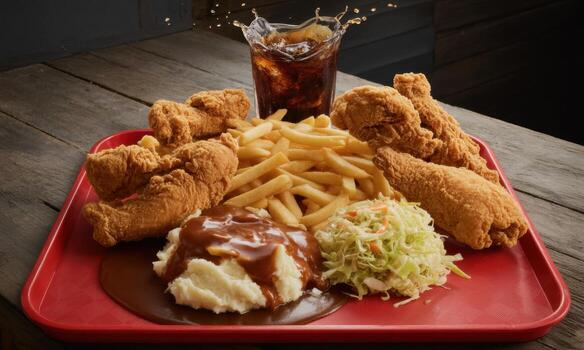 Crispy golden fried chicken combo meal with french fries, mashed potatoes, coleslaw, and soda splash photo