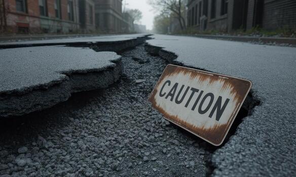 agrietado asfalto la carretera con un oxidado precaución firmar, representando terremoto dañar o estructural fracaso foto