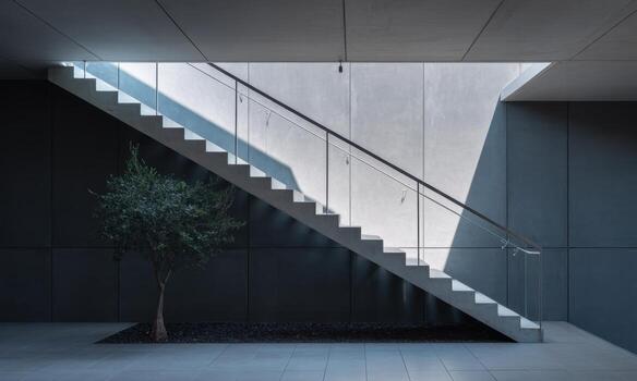 moderno hormigón escalera con pulcro brutalista líneas, iluminado por fuerte angular ligero. foto