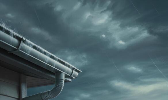 Close up of a house rain gutter with water splashing during a heavy downpour under stormy clouds photo