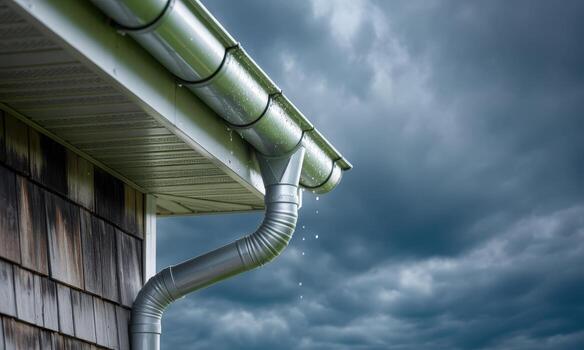 Rainwater dripping from a house gutter and downspout against a dark stormy sky photo
