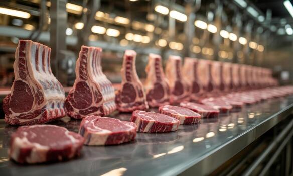 Fresh raw meat cuts and lamb racks arranged on a modern industrial processing line photo