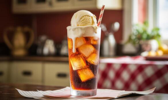 Classic root beer float with melting vanilla ice cream and striped straw photo
