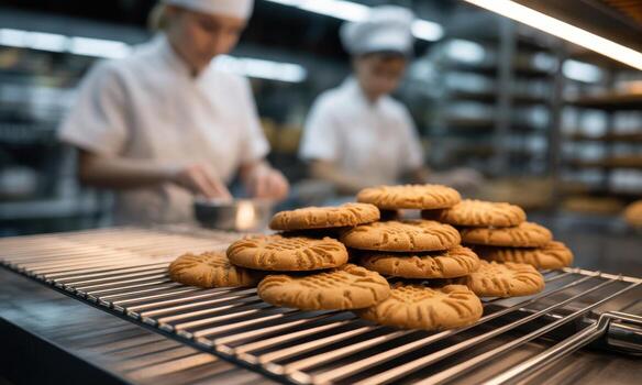 Golden peanut butter cookies cooling on a rack in a busy commercial bakery photo
