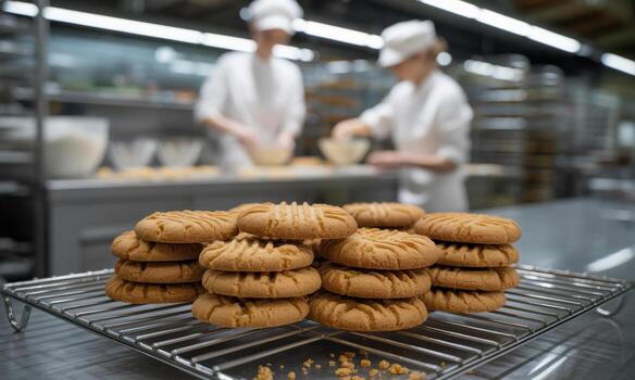 Freshly baked peanut butter cookies with cross hatch pattern cooling in a commercial bakery photo