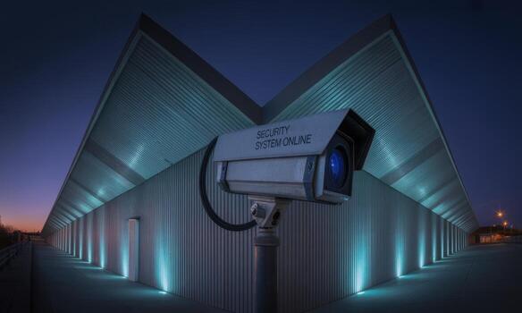 CCTV security camera with system online text on modern industrial building at night photo