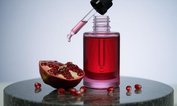 Ruby red pomegranate serum in dropper bottle with fresh fruit and seeds for natural skincare photo