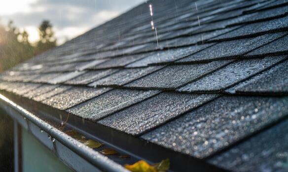 gris asfalto guijarros techo durante ligero lluvia ducha con agua gotas y canal foto