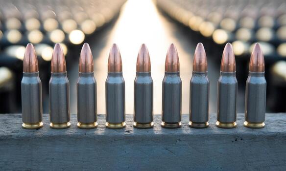 Close up of a perfectly aligned row of nine rifle bullets with copper tips and grey casings photo