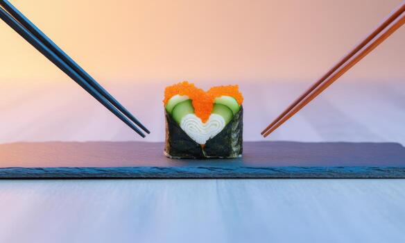 Hyper realistic studio photo of a single sushi maki roll with heart shape and chopsticks