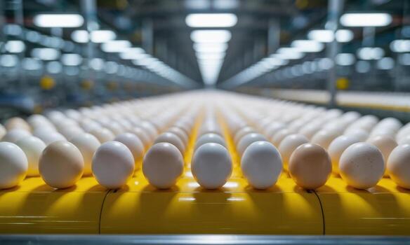 Rows of fresh chicken eggs on a yellow conveyor belt in a modern automated factory photo