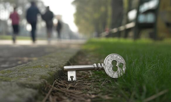 Ornate silver key lost on green grass beside a park path with blurred people in background photo