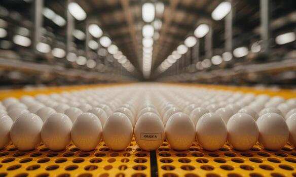 Automated production line with rows of fresh white eggs on a yellow conveyor belt, one marked grade a photo